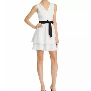 AQUA Belted Tiered Dress White Medium